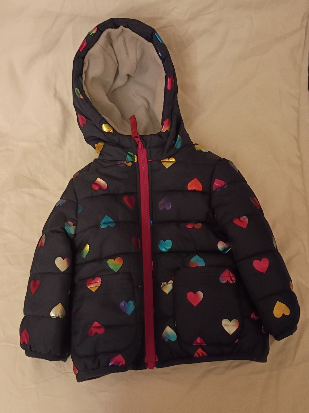 Carter's Navy Hooded Puffer Jacket with Multicolor Heart Print